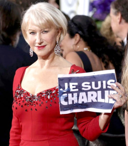 金球獎紅毯最美的飾品 海倫米蘭手持「我是查理」標題走紅毯p1039-a8-14
