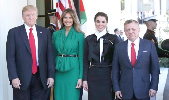 約旦國王訪問白宮 與美國關係良好、在川普上任後第二次出訪的約旦，阿卜杜拉國王與拉尼婭王后前往白宮，與川普和梅蘭妮亞進行國是會面。